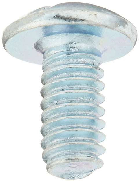 Close-up of a zinc-plated truss head machine screw, showing the threading and head design for home improvement and DIY construction.