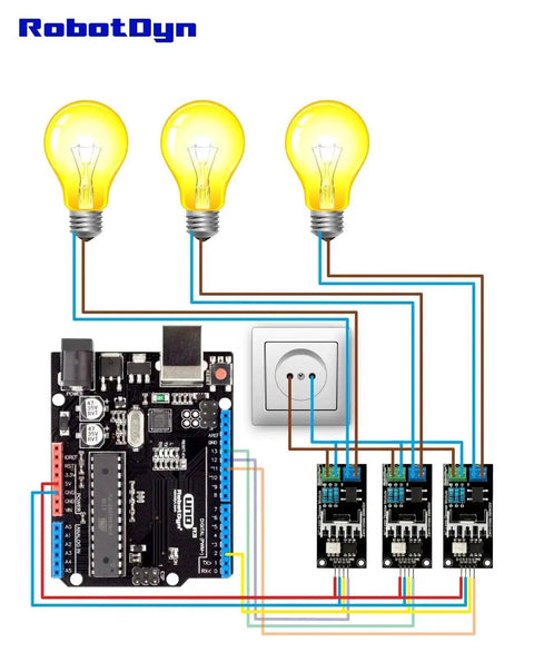 Arduino connected to PWM AC Dimmer Module Controller 110V To 220V 50 To 60 Hz with 3.3V To 5V logic controlling three light bulbs