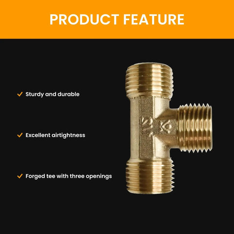 Brass Tee Pipe Fitting Equal Tee 1/2 Inch Male To 1/2 Inch Male To 1/2 Inch Male Plumbing Connector, showing three openings and threaded ends
