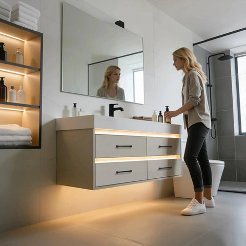 Modern bathroom vanity featuring Matte Black Cabinet Handles 3 Pack 5 Inch Modern Cabinet Pulls For Kitchen And Vanity Durable Solid Construction Fingerprint Resistant Drawer And Door Pulls Timeless Hardware For Cabinets And Furniture installed on drawers.