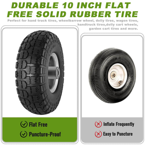 Flat Free Ten Inch Rugged Solid Rubber Wheel Set With Five Eighth Axle Bore And Two Point Two Inch Hub Offset Four Pack Of 4.10 3.50 4 Inch Wheels For Hand Trucks Wheelbarrows Garden Carts Dollies And Utility Carts Each Load Rated At 220 Lbs