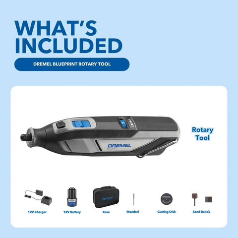 12V Cordless Rotary Tool Kit With Variable Speed And Ergonomic Comfort Grip, Includes 2Ah Battery, Charger, 5 Accessories, Wrench, And Fabric Carry Bag For Portable DIY Task Mastery By Dremel shown with components, front view.