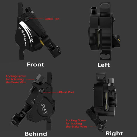DYISLAND XT-7 black hydraulic disc brake calipers for MTB/e-bike; front/left/behind/right views show bleed ports.