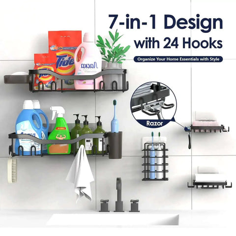 7 Pack Adhesive Shower Caddies With 24 Hooks Rustproof Stainless Steel Bathroom Shelves No Drill All In One Organizer Large Capacity with bottles, plants, and razors displayed