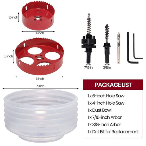All In One Recessed Lighting Hole Saw Kit With Dust Bowl For Dust Collection, 4 Inch And 6 Inch Bi Metal Hole Saws, Includes Arbor, Drill Bit And Hex Key