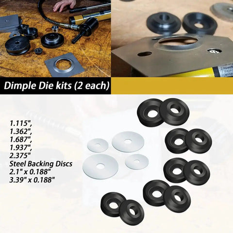 Dimple Die Set With Steel Backing Discs for Harbor Freight Hydraulic Punch Driver Kit, showing five die sizes and discs