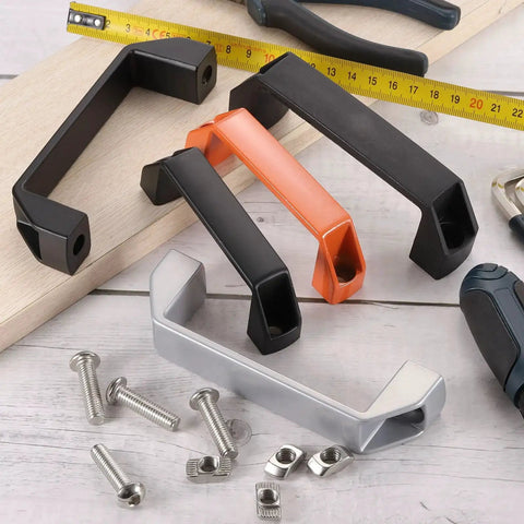 10 Pack Rectangular Aluminum Alloy Pull Handles With 90mm Center Hole in orange finish, shown with screws on a wooden surface.