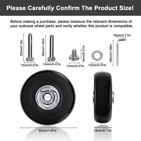 Set Of 8 Luggage Replacement Wheels With 50mm Rubber Swivel Casters For Suitcases And Travel Trolleys, showing parts dimensions.