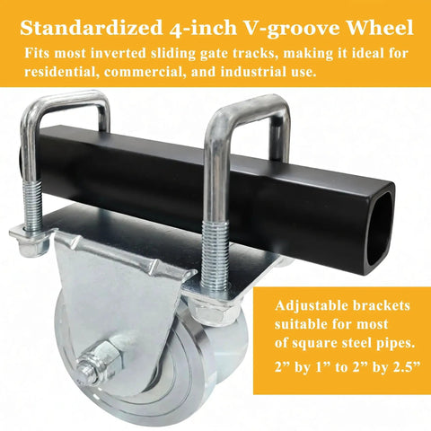 Close-up of a 2 Pack 4 Inch Heavy Duty V Groove Sliding Gate Roller Wheels With No Weld Installation And External Brackets 6600 Pound Capacity For Inverted Gate Systems Zinc Plated Anti Rust Finish showing zinc finish, V-groove, and adjustable bracket dimensions.