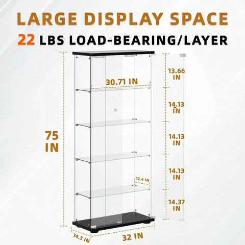 Diagram of Five Shelf Glass Display Cabinet with Locking Door and Remote LED Lights, 75in H x 32in L, with load capacity details.
