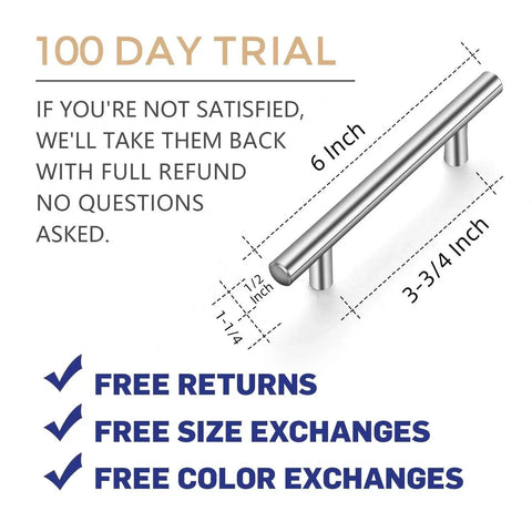 30 Pack 6 Inch Brushed Nickel Stainless Steel Cabinet Pulls for Kitchen Cupboards and Cabinets, dimensions labeled, 100 day trial offer.