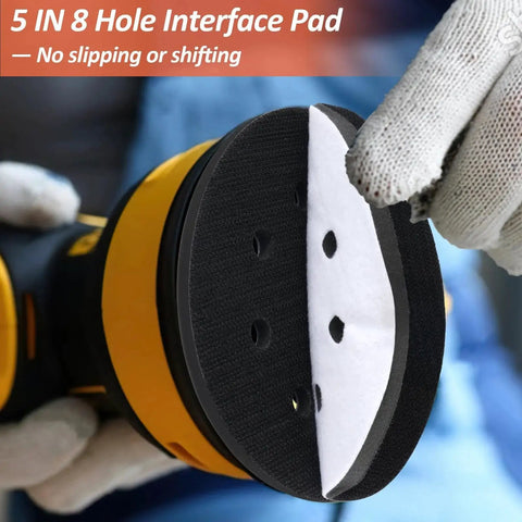 5 Inch Foam Sanding Pad 8 Hole Interface Backing Pad for Orbital Sander showing close-up installation