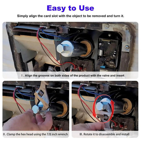 Universal RV Water Heater Pressure Relief Valve Remover For Temperature And TPR Valves Fits Most RV Water Heaters And Camper Water Heaters Works With A 7 8 Inch Wrench No Hassle Valve Removal Tool For Boats Motorhomes Travel Trailers in use with wrench on valve.