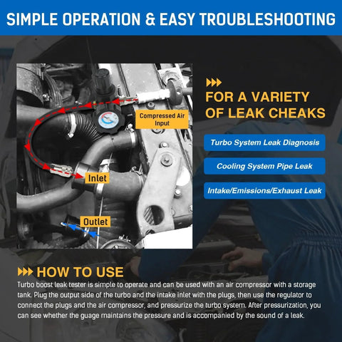 Turbo Boost Leak Tester Kit With 8 Step Adapters For Universal Turbo System Pressure Testing Detects Leaks In Turbochargers Intercoolers And Boost Pipes Durable Turbocharger Diagnostic Tool 1 3 8 To 3 1 2 Inches used for leak diagnosis in engine system