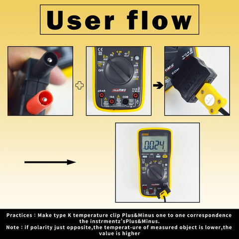 ZIBOO 69140 K-Type pipe thermometer clamp with digital multimeter and red/black banana leads for HVAC temp measurement