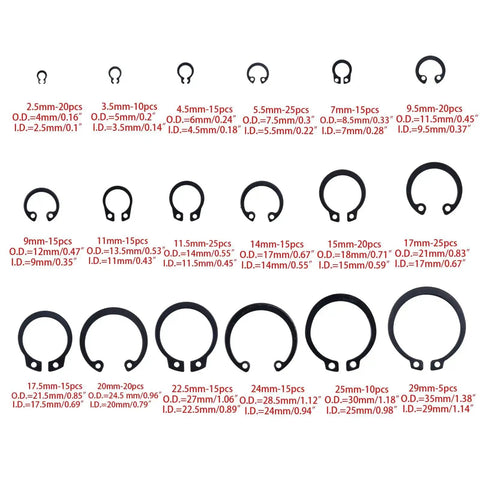 E Clip Assortment Kit 304 Stainless Steel 300 Pieces External Retaining Rings And C Clips For Automotive Machinery And DIY Projects Built To Last With Heat Treated Anti Corrosion Fasteners sizes and quantities displayed