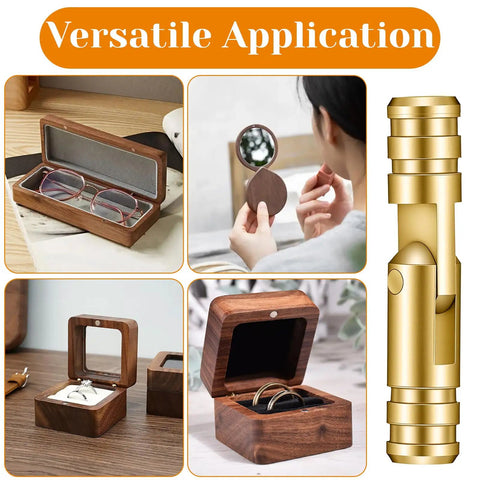 Brass Barrel Hidden Hinges 30 Pack For Wooden Boxes And Cabinets, 270 Degree Folding Small Hinge For Diy Crafts, Wooden Jewelry Boxes And Wood Cases, 0.8 X 0.16 In, Durable Solid Brass With Smooth Operation And Elegant Finish shown with versatile applications including jewelry boxes and mirror holders.
