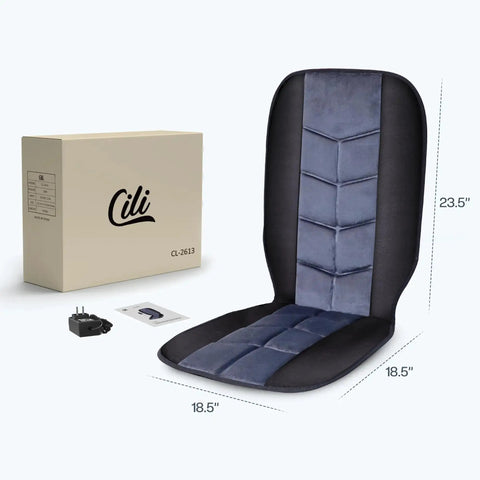 Back Massager Chair Pad With Heat, 10 Vibrating Motors for Office Chair and Home Use, shown with packaging and dimensions