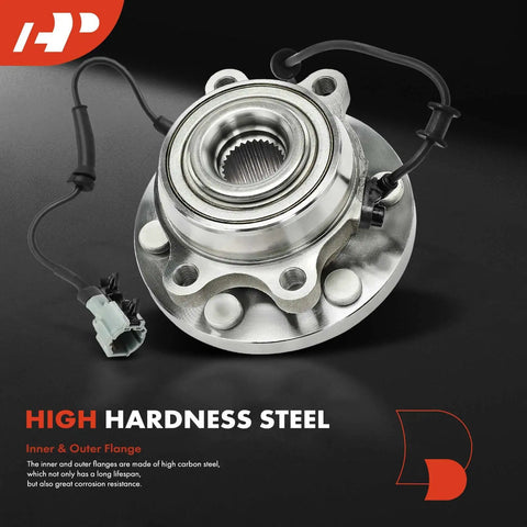 Front Wheel Bearing And Hub Assembly With ABS For 6-Lug 4WD Trucks And SUVs Fit Nissan Frontier 2005-2019, showing hardware details