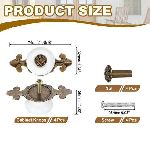 Retro Ceramic Cabinet Knobs Set of 4 1-1/4 Inch White Vintage Round Drawer Pulls With Backplates, screws and nuts shown.