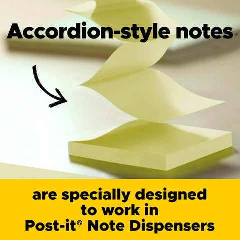 Pop-up sticky note dispenser with one 50-sheet canary yellow 3 in x 3 in pad, accordion-style notes for easy dispensing