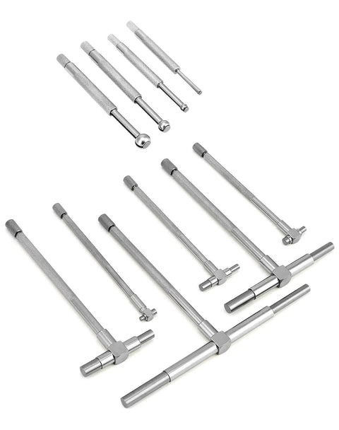 Stainless Steel Pro Grade Telescoping Bore Gauge Set For Precise Hole Readings From 1/8 To 1/2 Inch And 5/16 To 6 Inch 6 Piece T Bore Gauge Telescopic Set Built For Machining Auto Shop Gearhead Work By QWORK For Precision Workshops And Craftsmen, showing full set of six gauges on a white background.