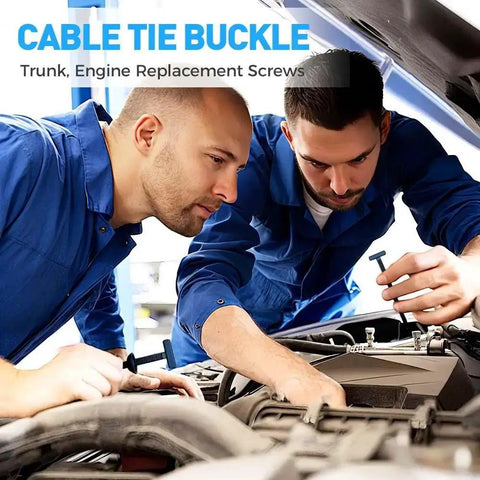 Mechanics using Heavy Duty Self-Locking Cable Tie Buckle Kit for Cars on engine for auto repairs.