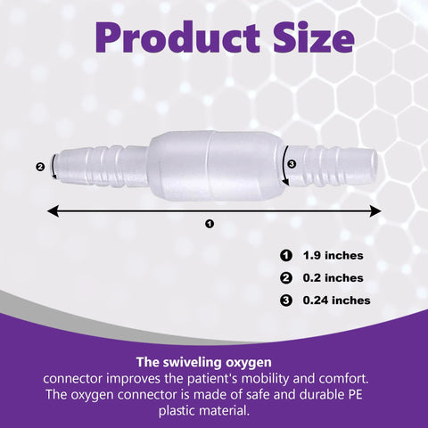 Oxygen tubing swivel connector, clear plastic with ribbed hose ends and center swivel joint; 1.9-inch length, 10-pack