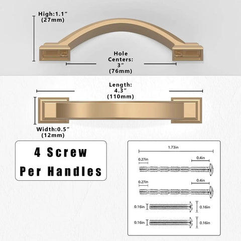 Dimensions of 10 Pack Champagne Bronze Cabinet Pulls 3 Inch Solid Zinc Alloy Cabinet Handles with screw details for kitchen cabinets.