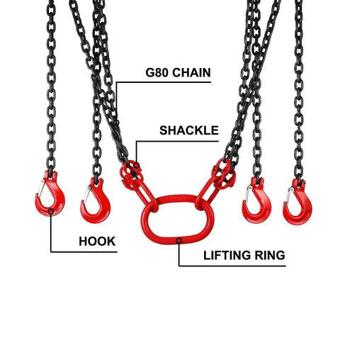 Chain sling, four-leg, black G80 alloy steel chains with red hooks and lifting ring