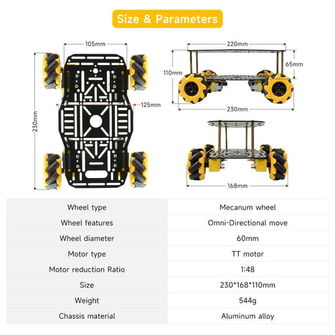 Diagram of Mecanum Wheel Robot Chassis Kit With 360 Degree Omnidirectional Movement Aluminum Alloy Frame, with size parameters.