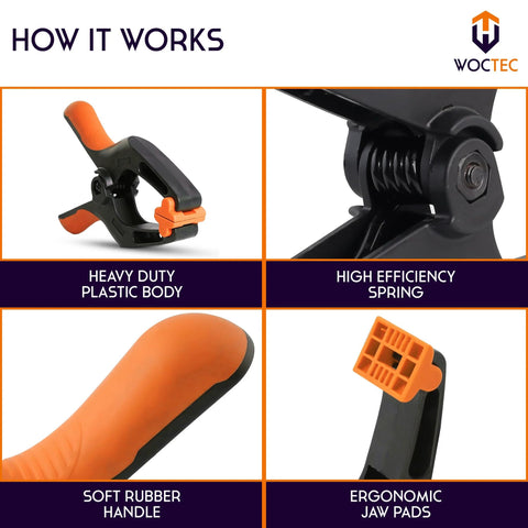 WOCTEC 6-inch heavy-duty plastic spring clamp, orange handle, front view

WOCTEC clamp hinge close-up showing the high-efficiency spring mechanism

WOCTEC 6-inch clamp with soft orange rubber handle, close-up

WOCTEC clamp jaw pad in orange, ergonomic design on clamp head