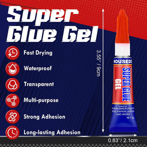 3.55 inch tube of super glue gel featuring fast drying, waterproof, and strong adhesion properties.