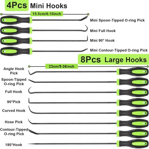 12 Piece Automotive Hook And Pick Tool Set With Long And Mini Precision Puller Remover Tools For Auto O Ring Seal And Gasket Removal In Tight Engine Bays Pro Mechanic Car Repair Essentials Doaho Tools, displaying mini and large hooks.
