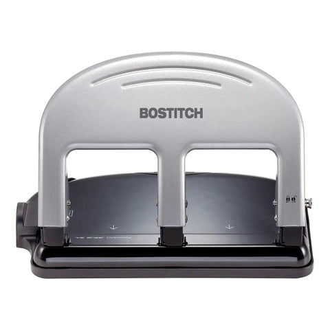 EZ Squeeze Three Hole Punch With No Jam Technology for 40 sheets, heavy-duty metal, black and silver design, front view.