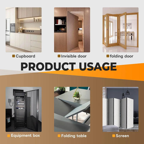 Illustrations of cupboard, invisible cabinet doors, folding doors, equipment box, folding table, and screen for hinge usability.
