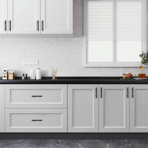 Kitchen cabinets with 10 Pack Matte Black 3 Inch Hole Center Cabinet Handles Stainless Steel Square Dresser Pulls installed.