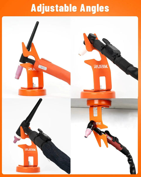 Magnetic TIG Welding Torch Holder Keeps Your Torch Secure On Any Work Surface With A Strong Magnet And Durable Build For Pro Grade Welding On The Jobsite By RUBIK Easy To Mount And Ready For Quick Swaps On Busy Shops And Home Garages in various adjustable angle views