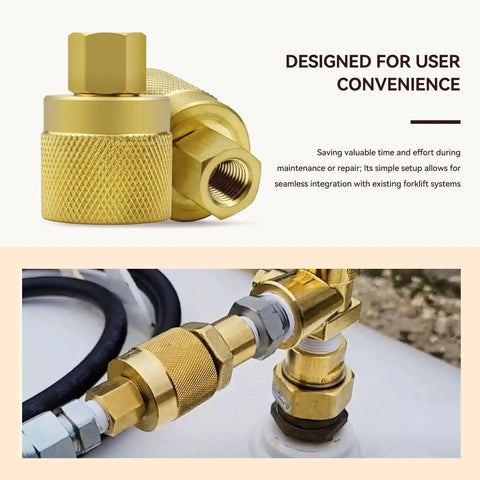 Close-up of RE7141F Forklift Propane Tank Connector Female Fitting Adapter Valve Leakproof, shown in gold with threaded design.