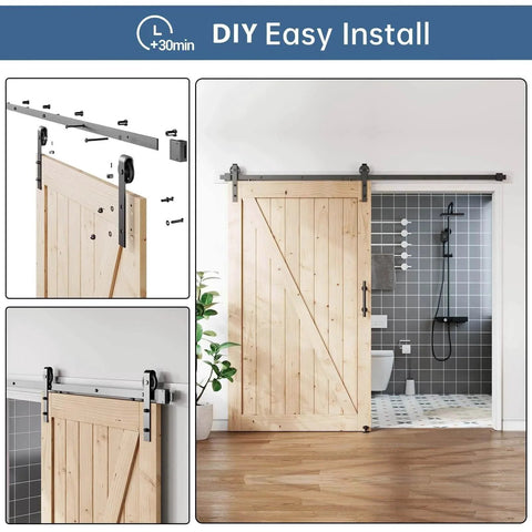 8 Foot Sliding Barn Door Hardware Track Kit With Black Wall Mount And Handle Big Industrial Spoke Wheel Pulley Smooth Quiet Glide Easy Install 96 Inch Track Fits 44 To 46 Inch Openings No Door Included installed in bathroom view