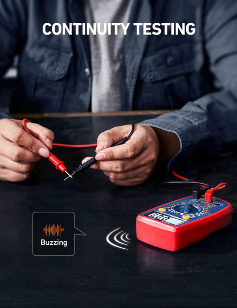 Person performing continuity testing with Digital Multimeter 2000 With Backlit LCD Display For Voltage Current Resistance Diode And Continuity Testing Measures AC And DC For Home And Auto Use Blue Ideal For DIYers And Pros.