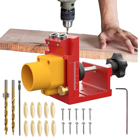 Pocket Hole Drill Jig With Dust Collection For Cabinet Installation, Deck Building, And Desk Assembly with accessories