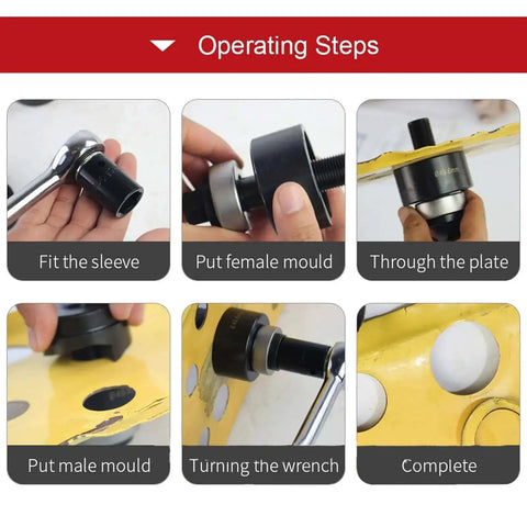 Operating steps for Pro Grade Beefy Ratchet Knockout Hole Punch Kit for metal and plastic with 6 punches and easy leverage.