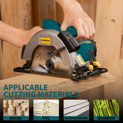 Close-up of Powerful 11 Amp Circular Saw With Laser Guide And Dual 40T 24T 7-1/4 Inch Blades cutting wood board.