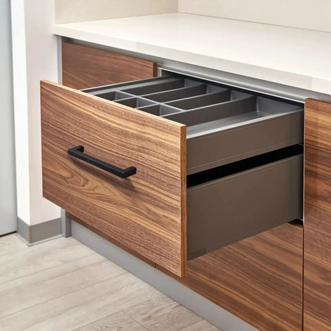 Matte Black Cabinet Handles Set Of 10, 5 Inch Center To Center, shown on a wooden kitchen drawer.