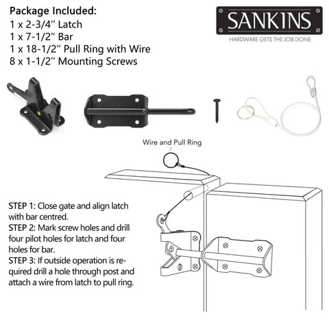 Heavy Duty Gate Latch With Gravity Lever Self Locking Wire Operated Release package including latch, bar, and mounting hardware with installation guide