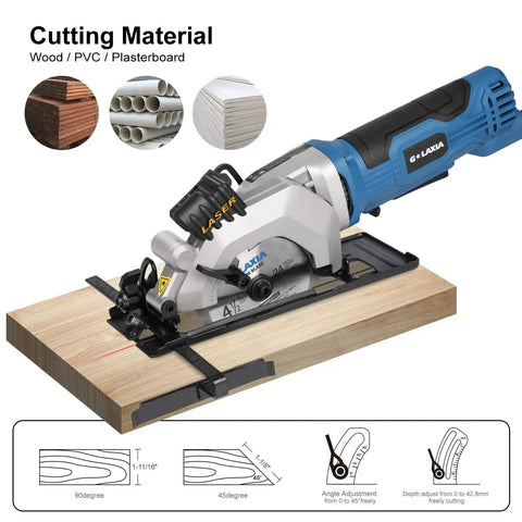 Mini Circular Saw Corded 4 Amp 3500 RPM With Laser Guide And Rip Guide cutting wood with laser and guides visible for DIY projects