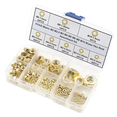 195 Piece Brass Hex Nut Set M2 To M10 Coarse Thread DIN 934 Assortment Kit for electronics, displayed in a plastic organizer.