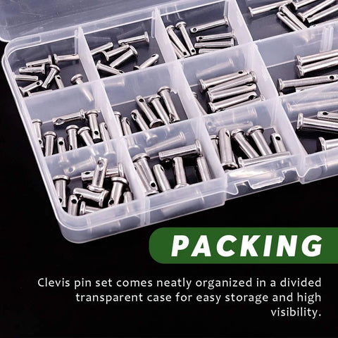 Clevis Pin Assortment Kit For Quick Fixes 96Pcs 304 Stainless Steel Clevis Pins in transparent storage box