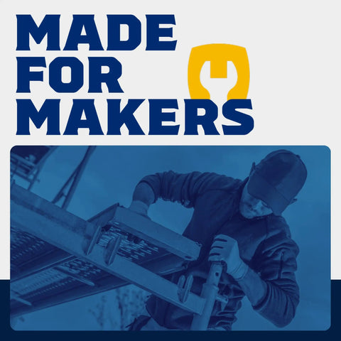 Worker adjusting scaffolding with 'Made for Makers' text and wrench icon